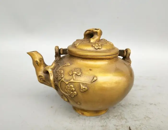 

China brass collection archaize plum flower teapot craft statue