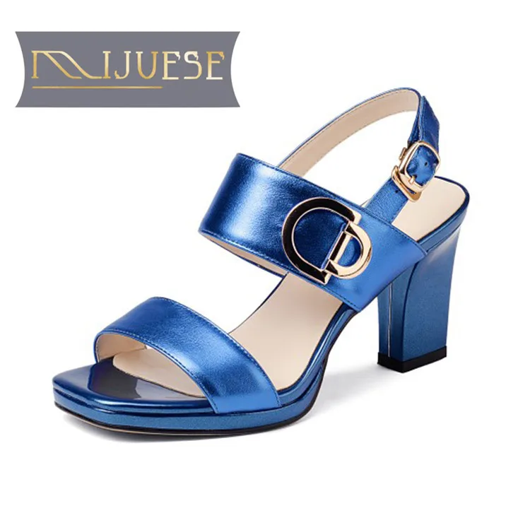 

MLJUESE 2018 women sandals cow leather blue color Gladiator ankle strap open toe high heels pumps women size 34-39