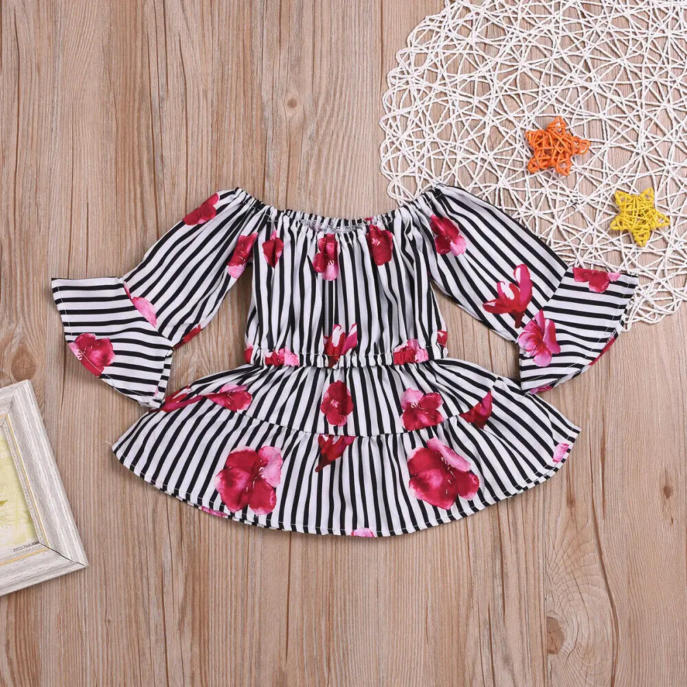 

Summer Toddler Kids Baby Girl Off shoulder Flare Long Sleeve Striped Flower Mini Dress Sundress Clothes