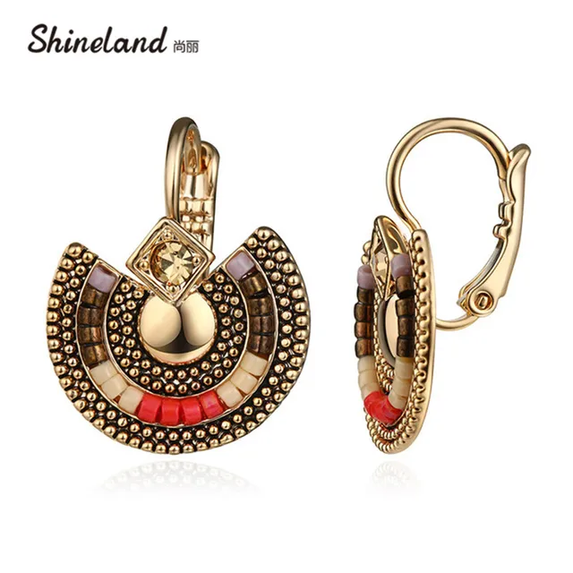 Shineland Bohemian Vintage Antique Silver Gold Color Crystal Shineland Bohemian Vintage Antique Silver Gold Color Crystal Rhinestone Beads Statement Clip Earrings Ethnic Jewelry