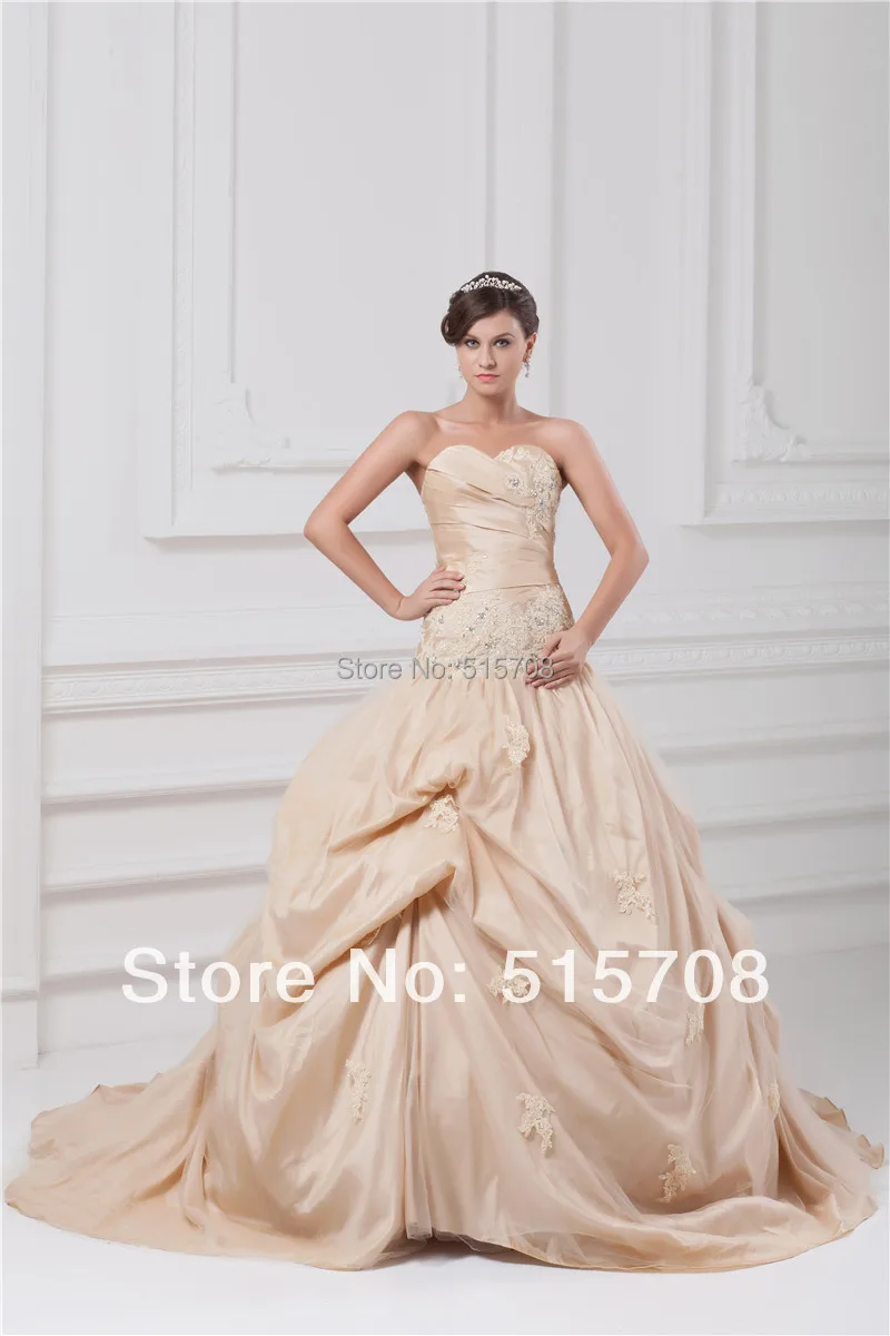 

Custom Make Ball Gown Sweetheart Beadings Champagne Formal Prom Gowns Ruched Zipper Quinceanera Dresses