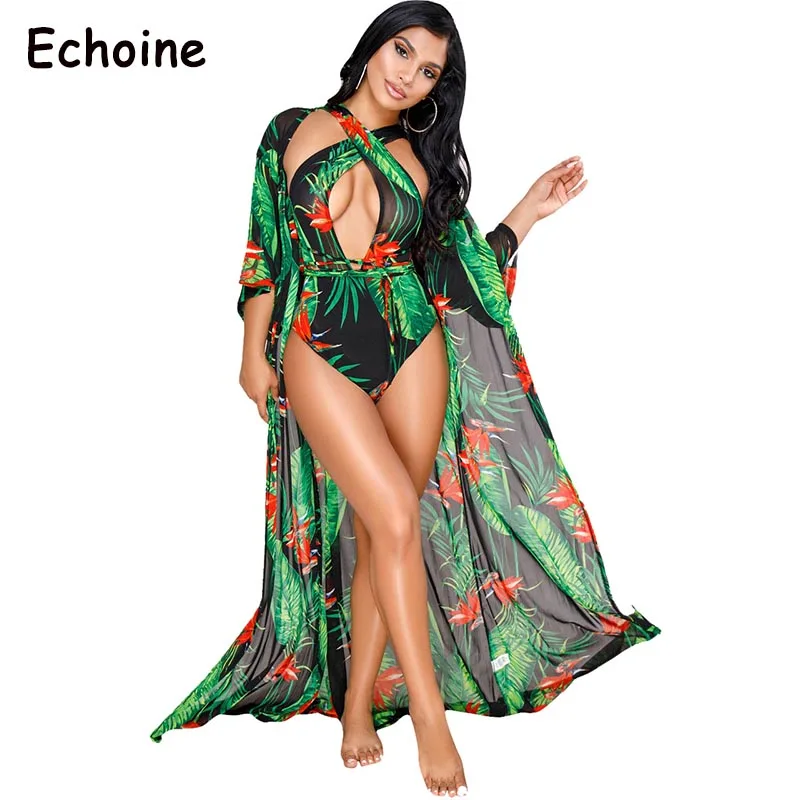 Echoine летние Для женщин Повседневное комплект из 2 частей с изображением зеленых листьев для маленьких детей Летняя Плавание костюмы с накидкой для Для женщин набор комбинезончиков