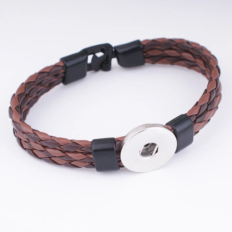 

NEW Woven PU leather 18mm Snap button jewelry Black brown PUNK DIY bracelet woman men TP3233