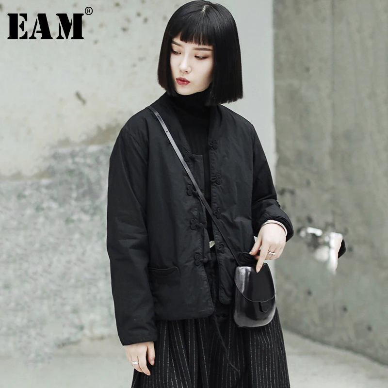 

[EAM] 2019 New Spring V-collar Long Sleeve Buckle Black Brief Warm Cotton-padded Coat Women Jacket Fashion Tide JK129