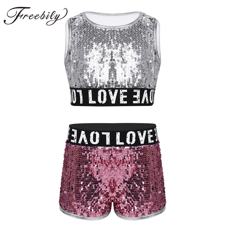 

Children Girls Sequin Hip Hop Clothing for Kids Sleeveless Crop Top with Shorts Jazz Dance Costume Ballroom Dancing Streetwear