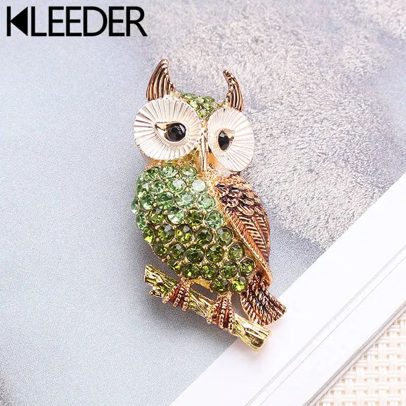 

KLEEDER Colorful Crystal Owl Brooches Pin Gold Color Alloy Brooch Fashion Jewelry For Women Dress Coat Accessories Female Broche