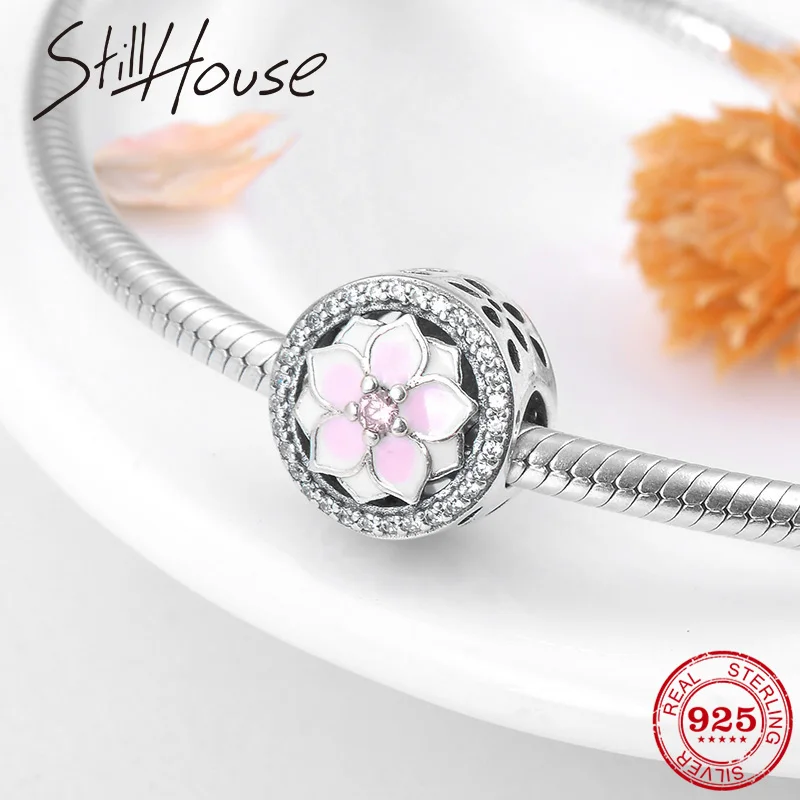 

Hot Round shape Blooming flowers Pink Zircon Beads Charms Fit Original Pandora Charm DIY Bracelets Bangle Silver 925 jewelry