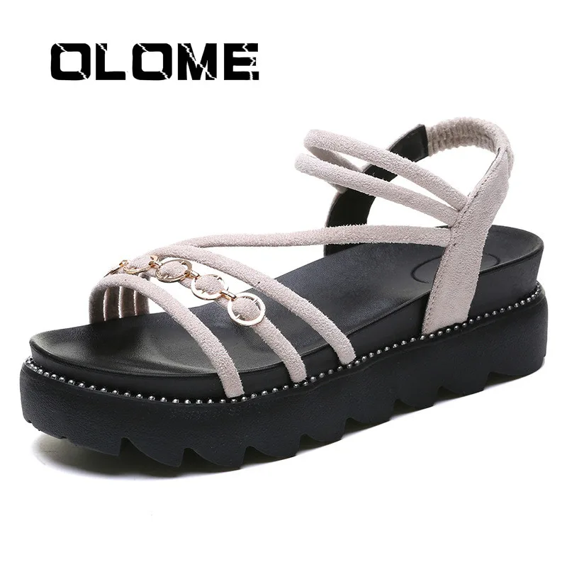 المرأة الصنادل 2019 الصيف جديد الكعك مع الجلد المدبوغ المفتوحة تو صندل كاجوال المرأة شريط مرن المعادن تعلية أحذية نسائية