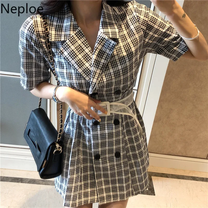 

Neploe Korean Vintage Plaid Dress Notched Collar Short Sleeve Women Vestidos 2019 Summer New Fashion Sashes Mini Dresses 52940