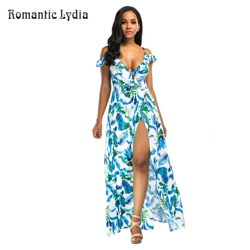 

Women 2018 Summer Sexy Casual Floral Tropical Print V Neck Sleeveless Ruffle Lace up High Split Backless Party Long Dress
