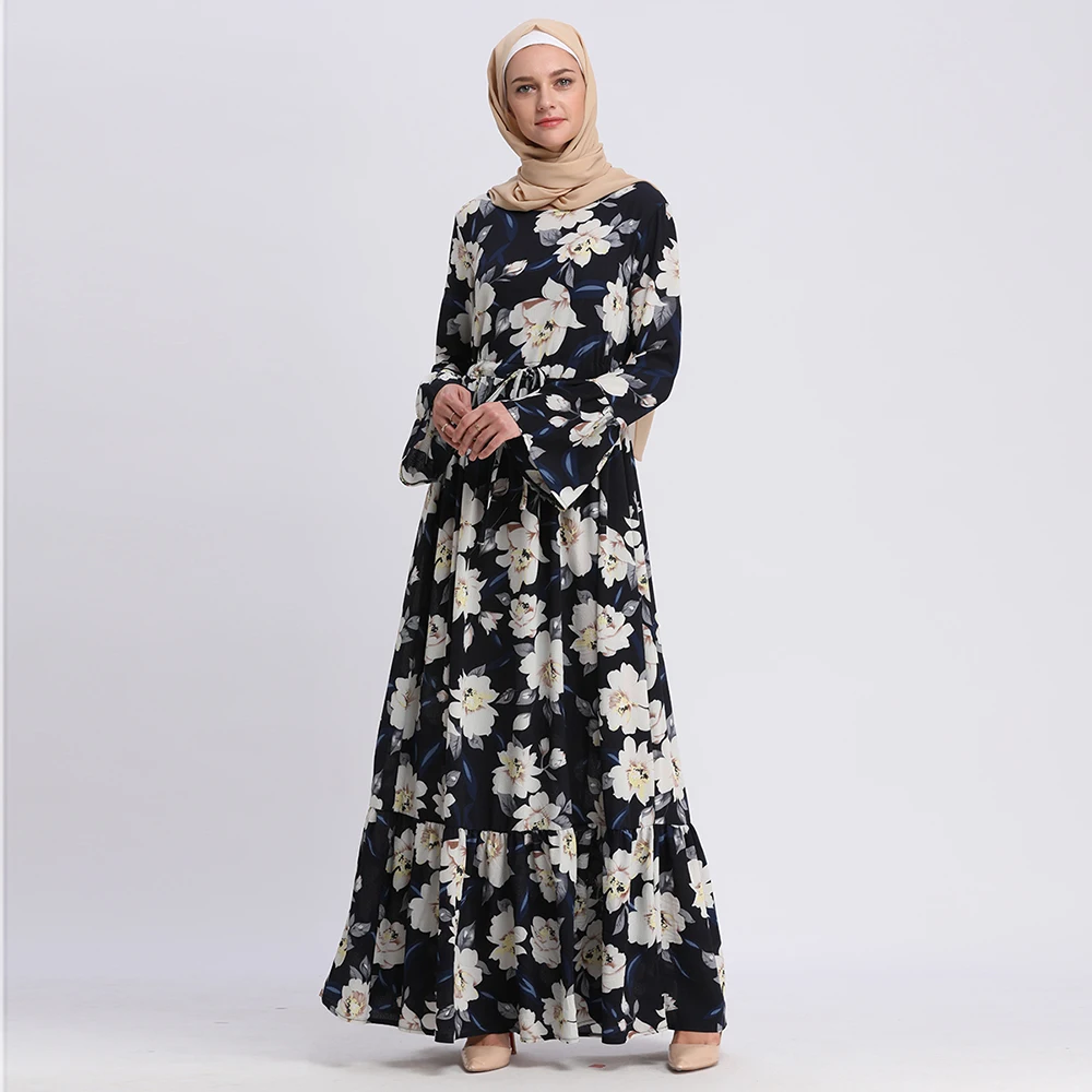 

Elegant Muslim Abaya Print Floral Dress Cardigan Long Robe Gowns Jubah Ramadan Thobe Worship Service Islamic Prayer Clothing