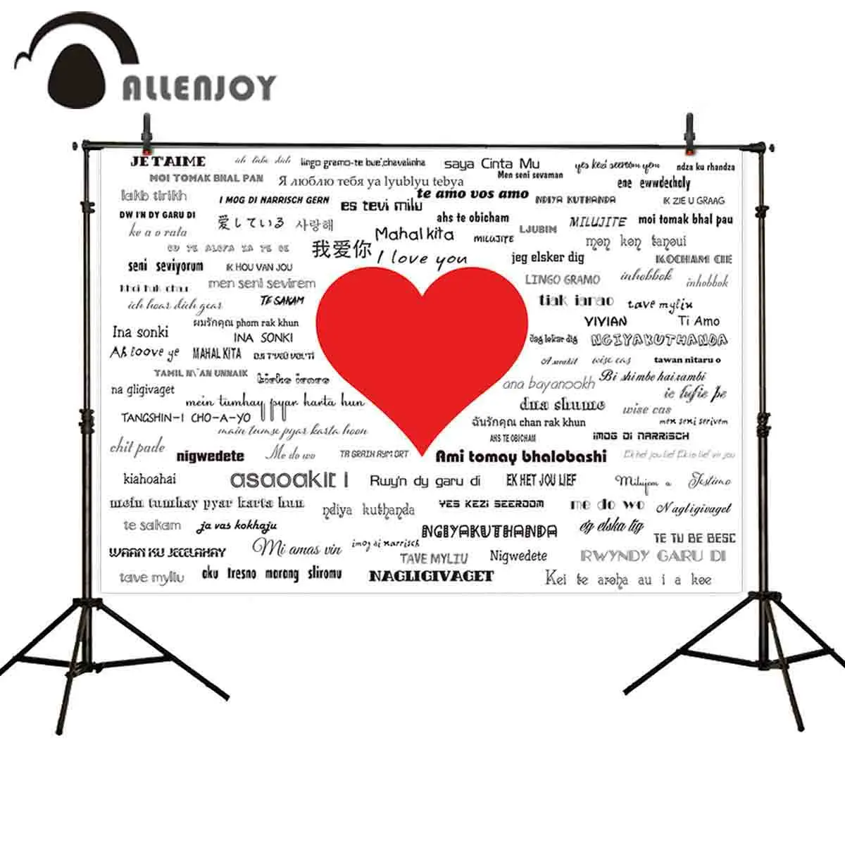 

Allenjoy photography backdrop red heart multiple languages Valentine's Day romantic wedding photo shoot photocall photobooth