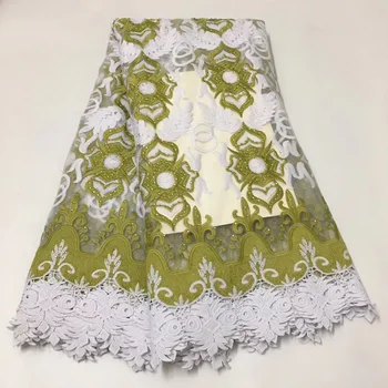 

Free shipping ( 5yards/pc) Olive green and white African French net lace fabric with embroidery and stones for party dress FLE15