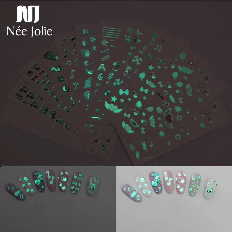 

Noctilucent 3D Nail Stickers Heart Skull Butterfly Image Mixed Pattern Transfer Decals DIY Nail Art Decorations