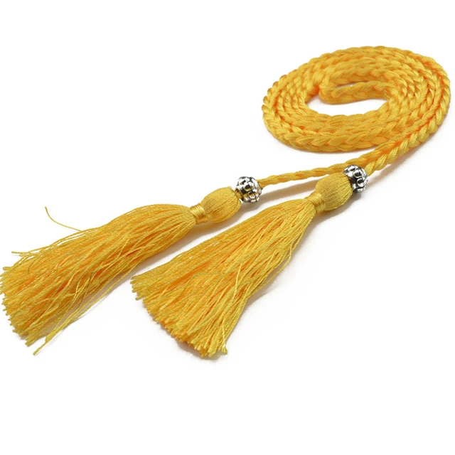 Women Waist Belt Rope Chinese Style Braided Woven Tassel Thin Belt Female Knot Decorated Waistband Hot Casual Solid Black Belts Yellow