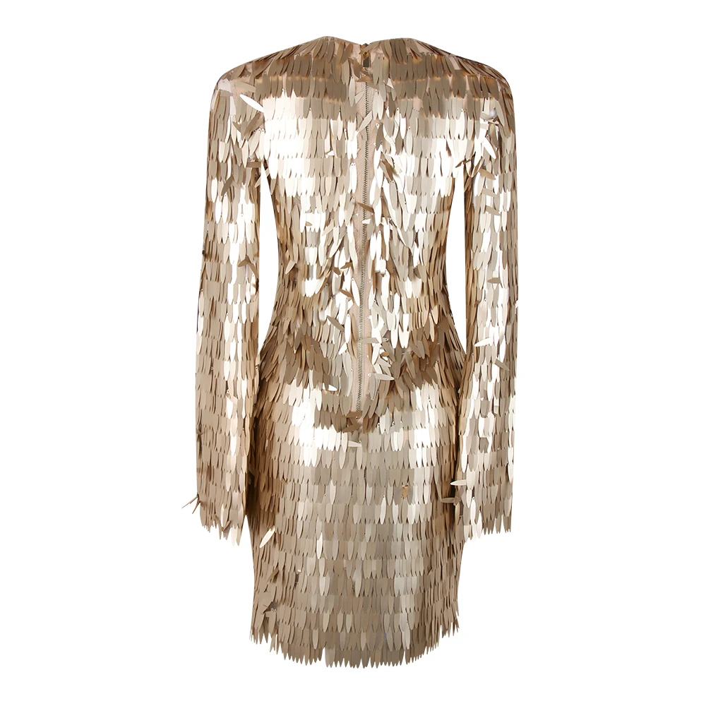 KLEEZY новое поступление женское платье с золотыми перьями, расшитое блестками, с длинным рукавом и v-образным вырезом, облегающее мини-платье BY729
