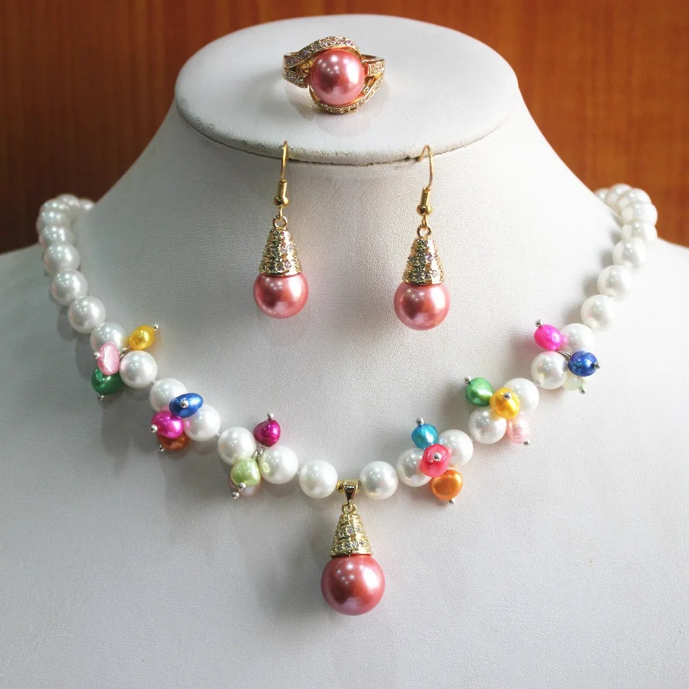 

engagement! Wholesale Women's 8mm white pearl mixed colorful bead flower Necklace earring ring(7/8/9) jewelry set #235 (D)