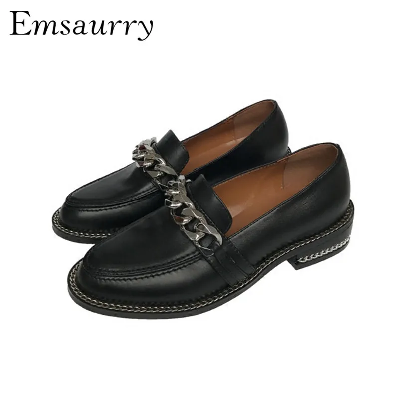 

Concise Chains Casual Shoes Woman Geniune Leather Black White Loafers Slim Women Shoes Zapatos De Mujer