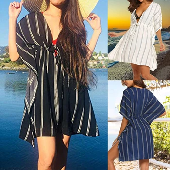 

2019 Summer Deep V Bikini Cover Up Striped Dress Swimwear Women Sexy Beach Wear One Size
