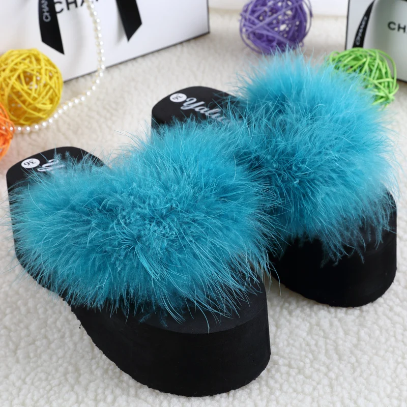 

23 colors Fur Flip Flops Women Platform Wedges Sandals Ostrich Feathers Slippers 2017 Summer Platform Thongs Beach Slippers