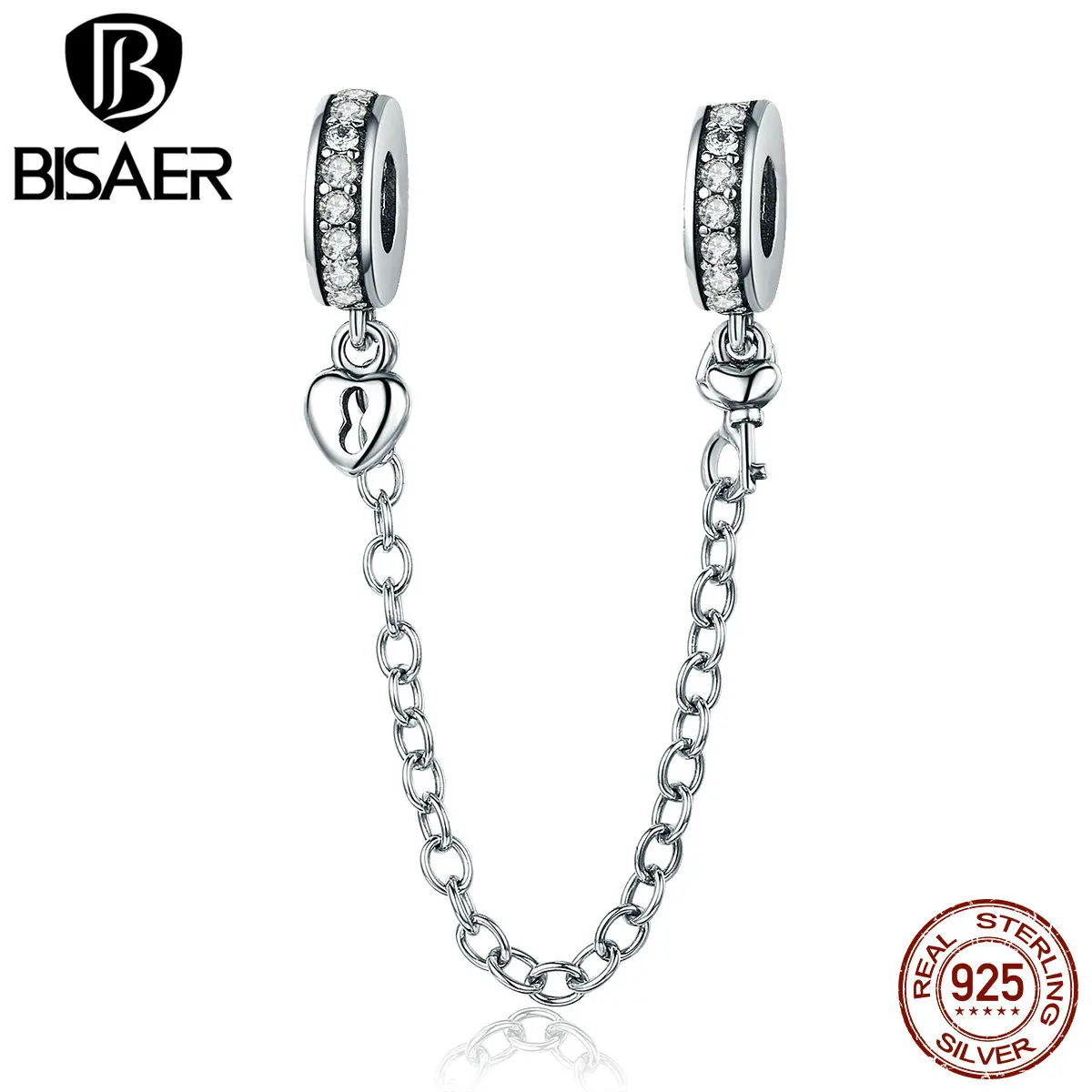 Günstige BISAER 925 Sterling Silber Schlüssel zu Ihrem Herz Baumeln Sicherheit Kette Stopper Fit Charme Silber 925 Armband Perlen   Schmuck, der
