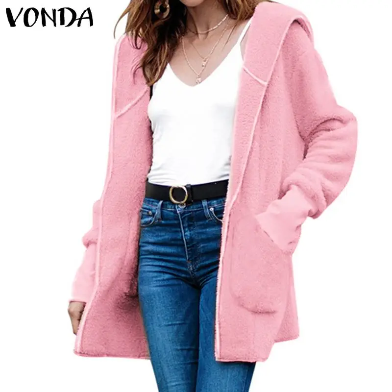 VONDA Women Faux Fur Hooded Jackets Fuzzy Casual Coats Outwear Cardigans Winter Warm Coat Plus Size Solid Color Streetwear