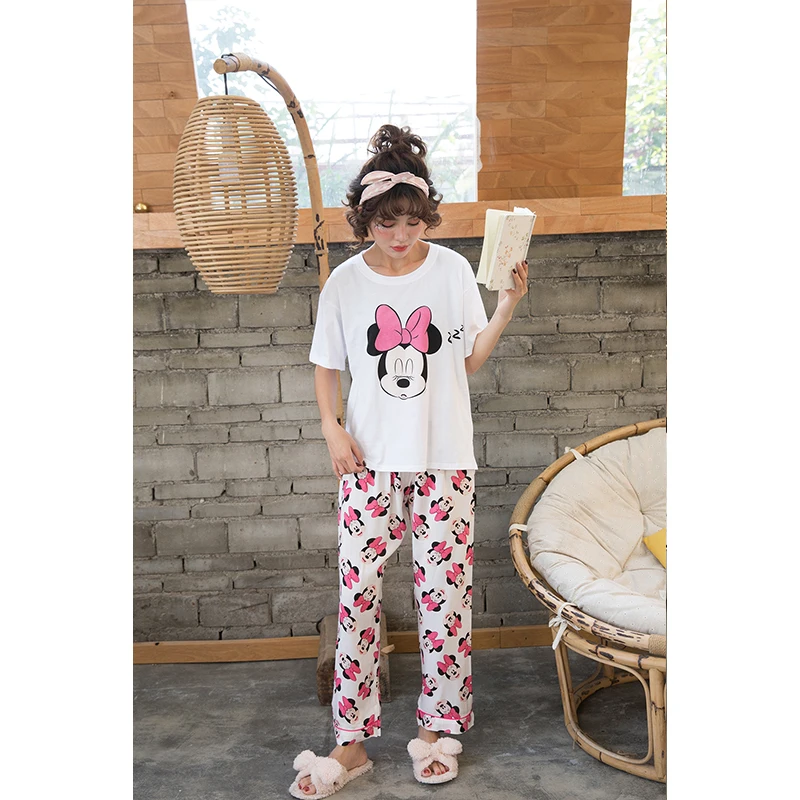 Caiyier/ г. Летние хлопковые Пижамные комплекты с короткими рукавами милая одежда для сна с принтом Мики и медведя для девочек ночная рубашка с мультяшным принтом, домашняя одежда - Цвет: Trousers MINI