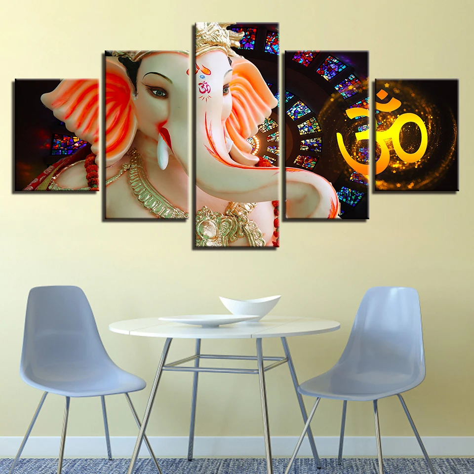 

Waterproof Home Living Room Wall Art Decor 5 Pieces HD Spray Modern Printing India Religion Elephant God Ganesha Canvas Unframed