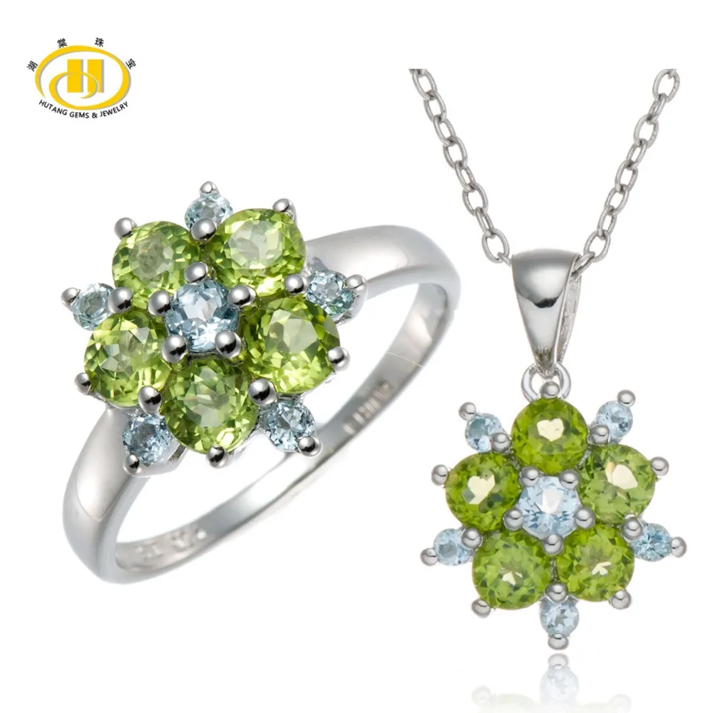 Hutang Stone Jewelry Sets Natural Peridot and Sky Blue Topaz Gemstone