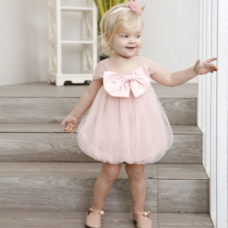 Girls Pink Princess Dress Baby Girl Summer Bow A-Line Dresses Sweet Kids Solid Lace Elegant Wedding Vestido Children Clothing (5)