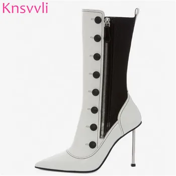 

New Runway High Heels Short Boots Women Pointed Toe Button decoration Sexy Shoes Mujer Metal Thin Heels Stretch Boots Woman