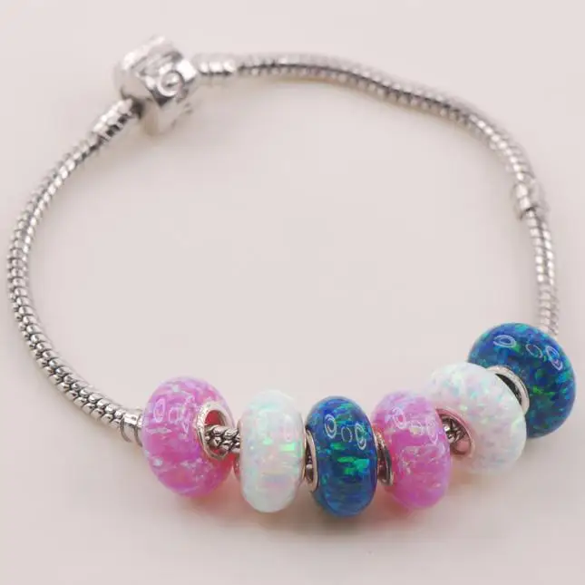 

15mm White Blue Pink Fire Opal Solid 925 Sterling Silver beads Fit Charm Bracelet Pendant Wholesale Jewelry Free Shipping