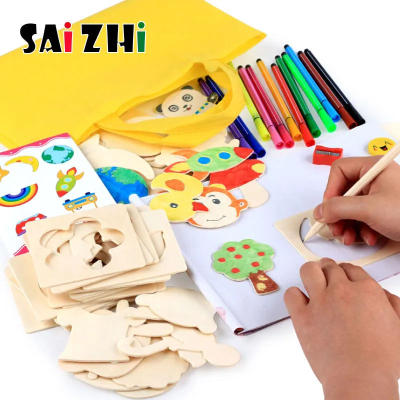 Saizhi Дети DIY мультфильм Деревянный чип шаблоны для рисования трафарет для рисования акварельные кисти живопись граффити раскраски игрушки SZ3175