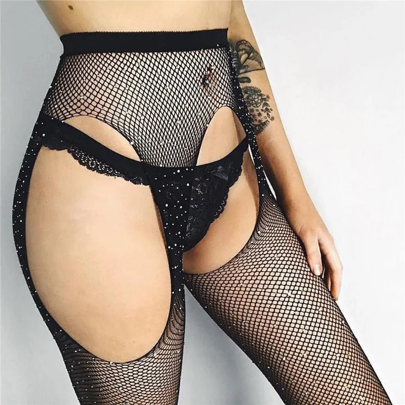 

Hot Sexy Fishnet Stockings Rhinestone Crothless Pantyhose Tight Women Evening Party Club Stockings Bling Bling