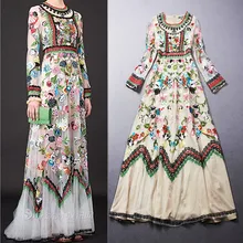 Embroidery Dress 2017 Summer Fashion New European Runway Colorful Flowers Mesh Long Sleeve Ankle length Lece