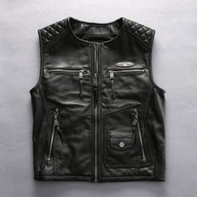 Мужской кожаный жилет мотоциклиста модный бренд без рукавов, приталенная куртка из коровьей кожи мужская молния o-образным вырезом куртка байкера Мужская