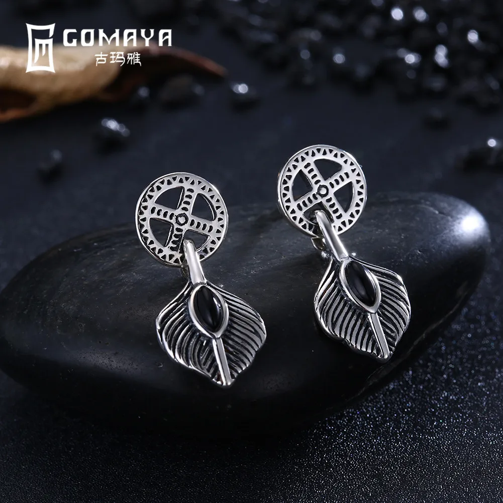 

GOMAYA 925 Sterling Silver Feather Retro Punk Style Stud Earrings for Women Gift Vintage Fine Jewelry Party Accessories