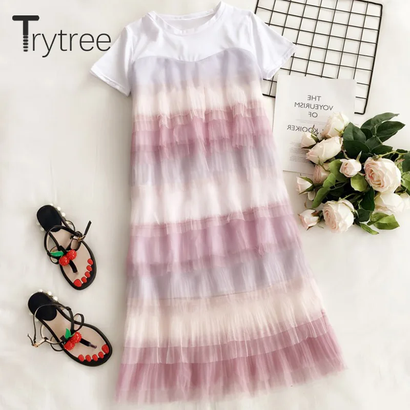 

Trytree Summer Women Dress O-Neck T-Shirt Dresses Patchwork Gradient Colors Cascading Ruffle Knee-Length Casual Straight Dress