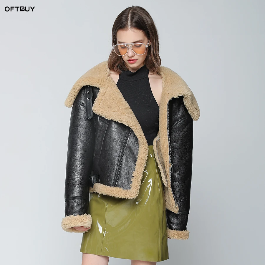 

OFTBUY 2019 winter jacket women real fur coat wool Merino Sheep Fur shearling fur coat double faced fur sexy loose bomber jacket