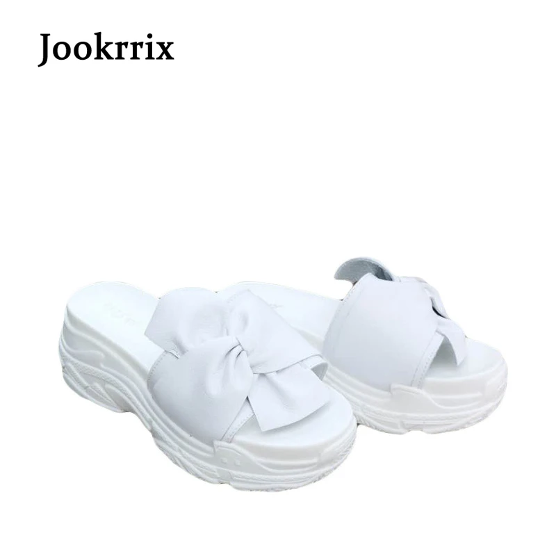 

Jookrrix Summer Girl Fashion Real Leather Black Platform White Shoes Women Bow Slipper Lady Beach Slides Female Leisure Mules