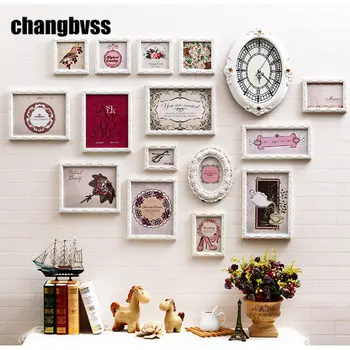 

European Style White /Pink Solid Wood Carved Frames Home Decor 15 pcs/set Photo Frame +One Clock Wall Hanging Picture Frame Set