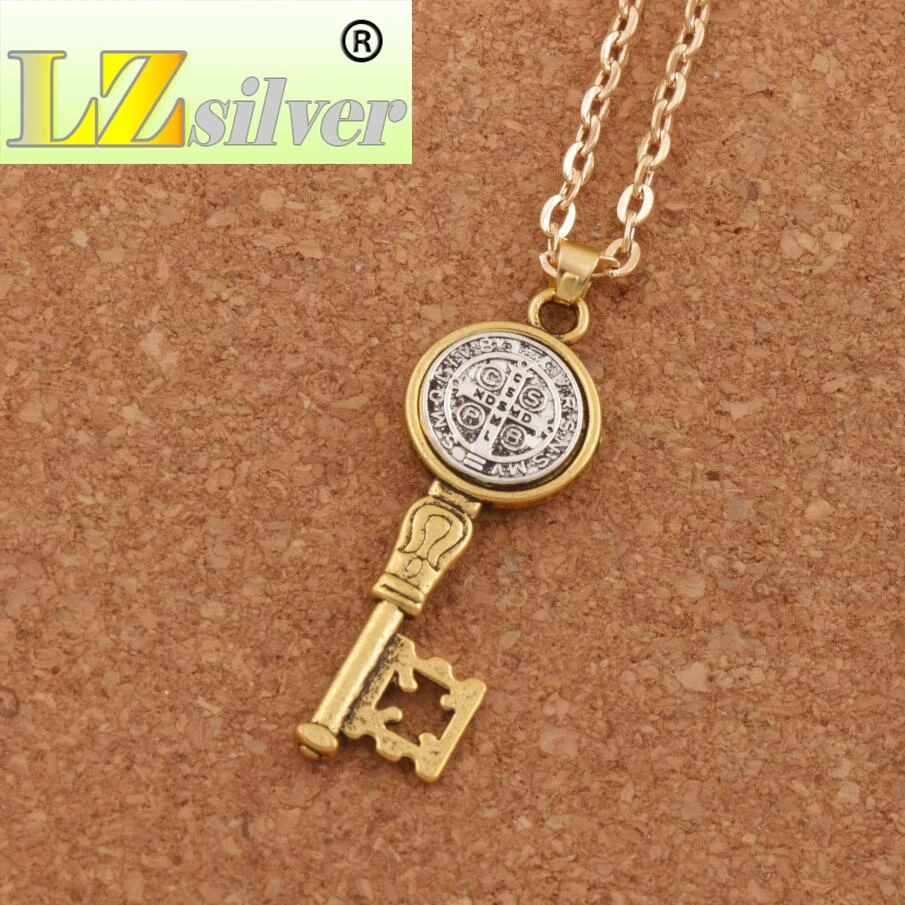 Святой Бенедикт Экзорцизм медаль католический крест ожерелье с подвеской в виде ключа N1692 42x14,6 мм старинное серебро и золото