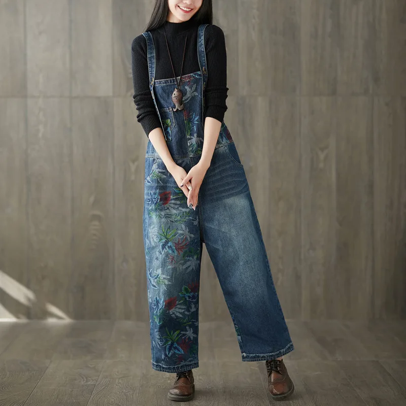 Big Jumpsuits Splicing Jeans legged Do Old Adjustable 2018 New Washing Overalls Wide Printing Rompers Yards HTwxT7qg