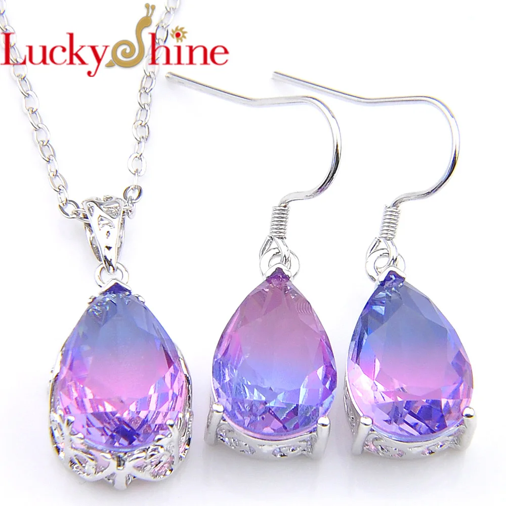 Luckyshine 925 Silver Jewelry Sets Water Drop Tourmaline Cubic Zirconia
