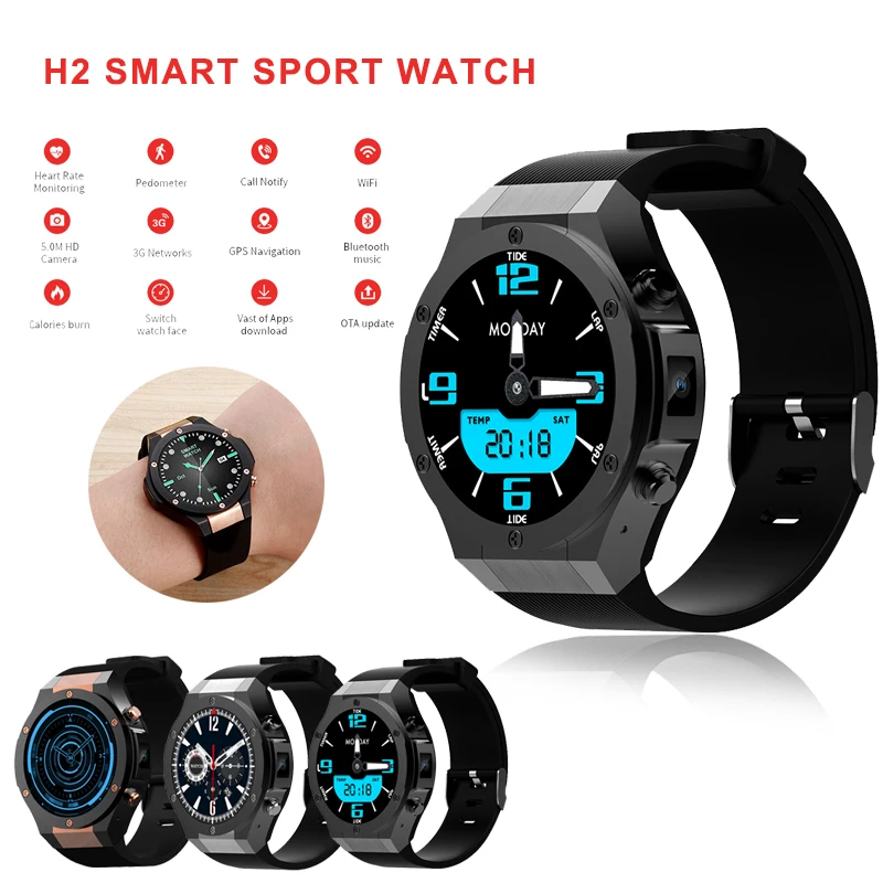 

H2 android ios 1G+16GB Smart watch 1.39 inch mtk6580 SmartWatch phone 3G wifi GPS 5M heart rate nano SIM GSM For Men Ladies