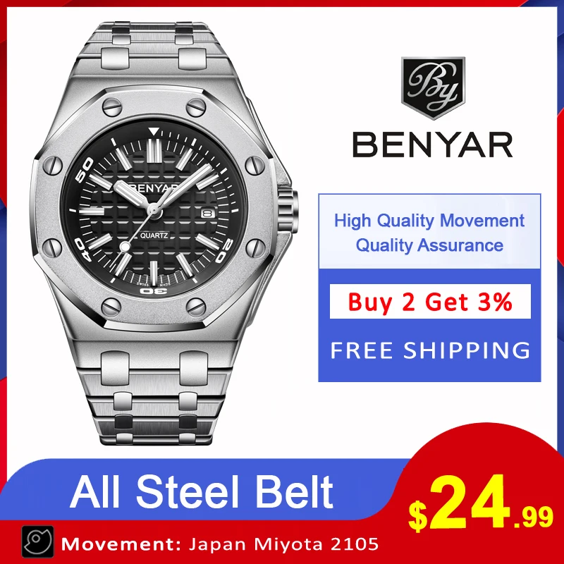 BENYAR أعلى العلامة التجارية الفاخرة الرجال الساعات الأزياء عارضة للماء الذكور ساعة كوارتز الرجال ساعات يد رياضية Relogio Masculino مع مربع