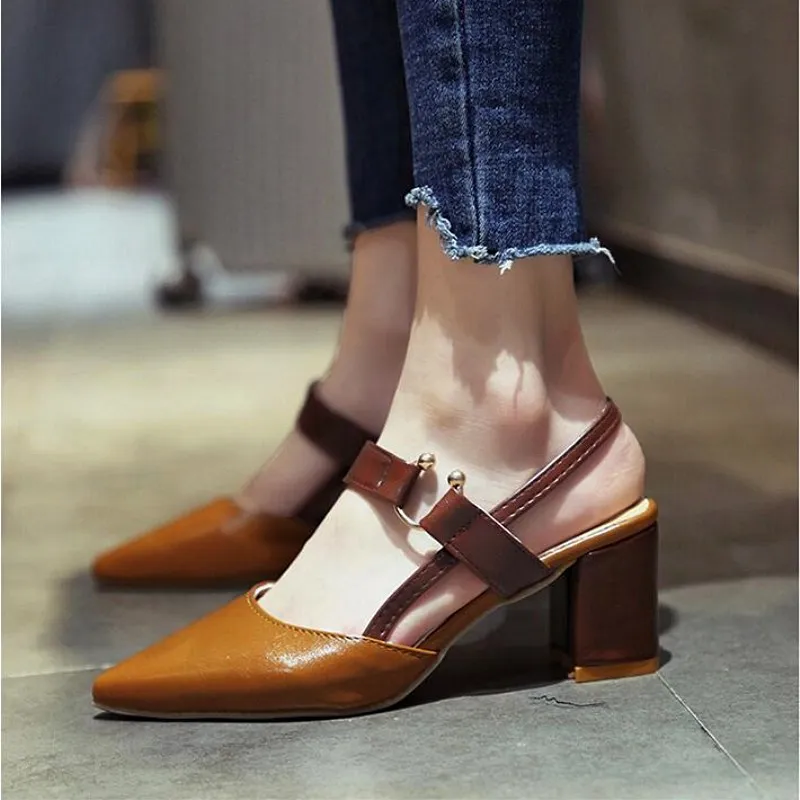 

SLHJC 2018 Autumn Summer Pumps Women Fashion Pointed Toe High Heels Leather Sandals Chunky Heels Metal Buckle Shoes 7 cm Heel