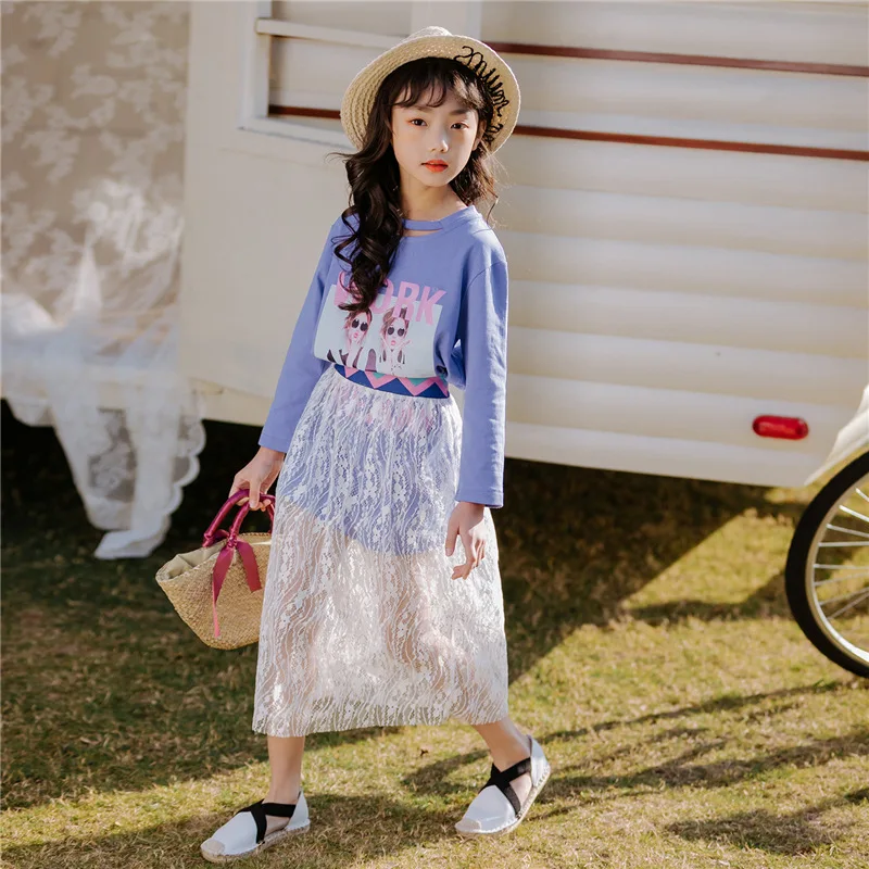 

2019 Spring Autumn Kids Girls Clothes Set Solid Cartton Shirt+white Lace Skirt Outfits Girls Suit Children Fashion Clothing Sets