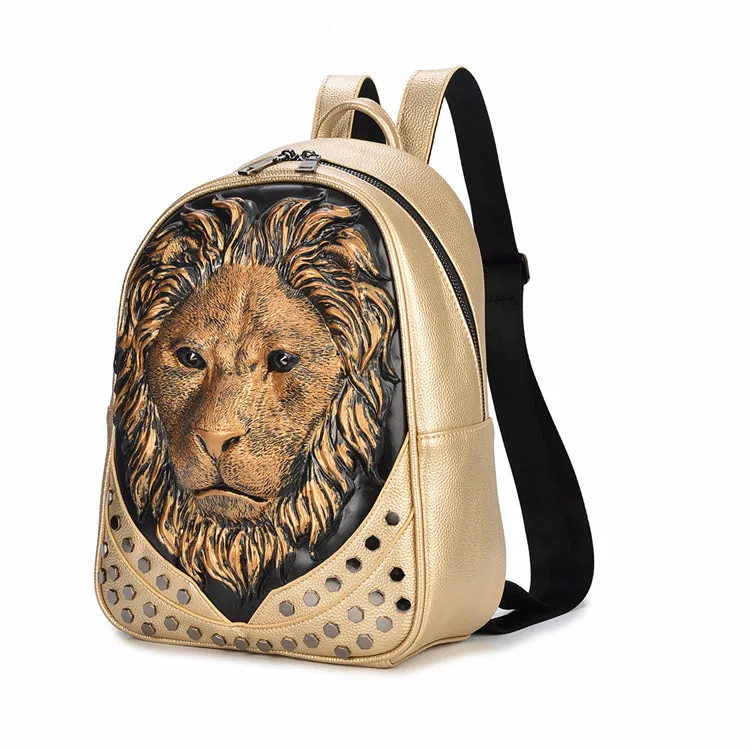 3D Embossed Lion Head Studded Rivet Gother Women Backpack Leather Soft