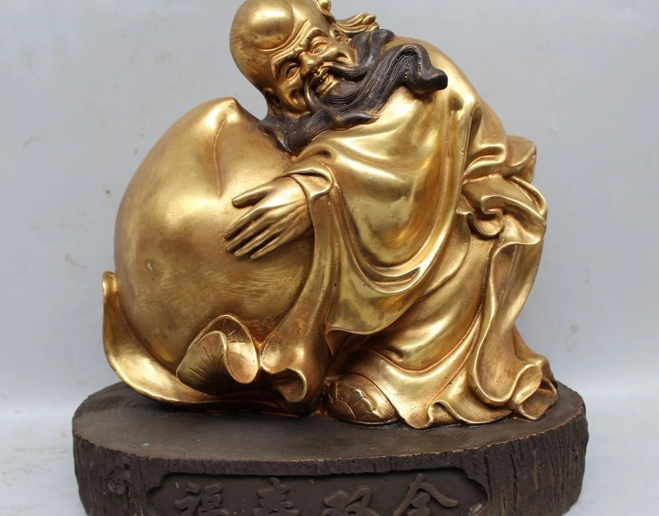 

12" Chinese Folk Bronze Gild Peach Crane god of longevity crutch Shou Wealth Sta
